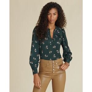 Veronica Beard Abbie Bouquet Print Silk Blouse Evergreen Multi Sz 10